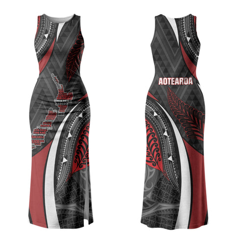 Aotearoa New Zealand Native Birds Map Family Matching Tank Maxi Dress and Hawaiian Shirt Silver Fern Tribal Pattern