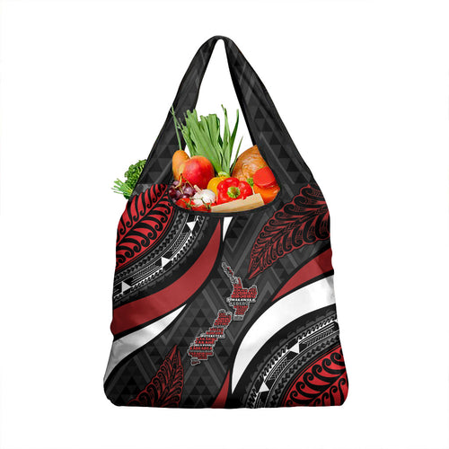 Aotearoa New Zealand Native Birds Map Grocery Bag Silver Fern Tribal Pattern