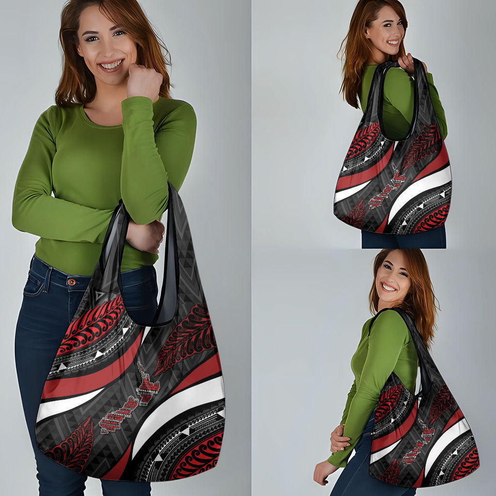 Aotearoa New Zealand Native Birds Map Grocery Bag Silver Fern Tribal Pattern