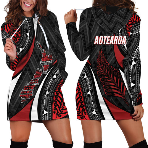 Aotearoa New Zealand Native Birds Map Hoodie Dress Silver Fern Tribal Pattern