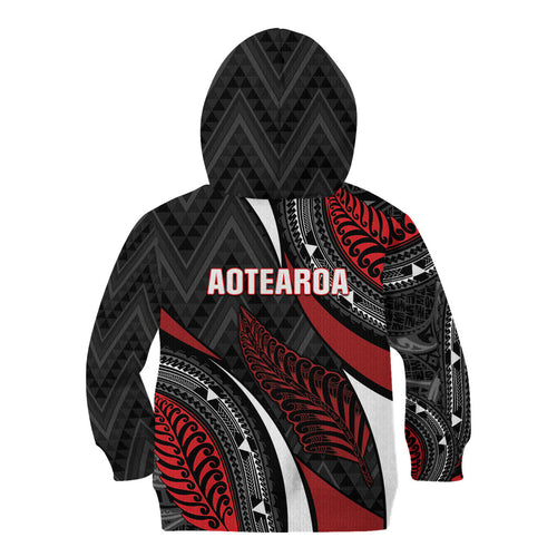 Aotearoa New Zealand Native Birds Map Kid Hoodie Silver Fern Tribal Pattern