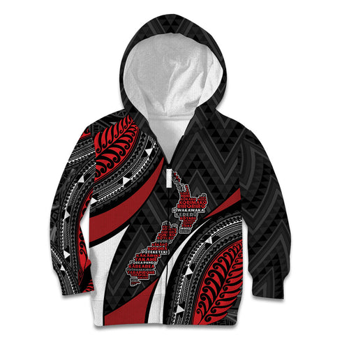 Aotearoa New Zealand Native Birds Map Kid Hoodie Silver Fern Tribal Pattern