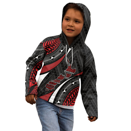 Aotearoa New Zealand Native Birds Map Kid Hoodie Silver Fern Tribal Pattern