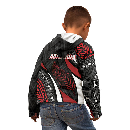 Aotearoa New Zealand Native Birds Map Kid Hoodie Silver Fern Tribal Pattern
