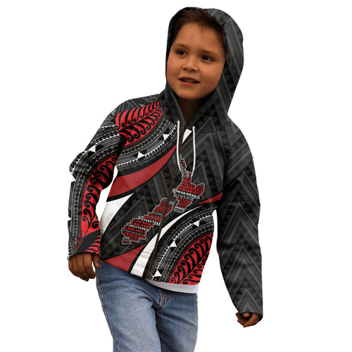 Aotearoa New Zealand Native Birds Map Kid Hoodie Silver Fern Tribal Pattern
