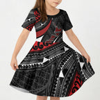 Aotearoa New Zealand Native Birds Map Kid Short Sleeve Dress Silver Fern Tribal Pattern