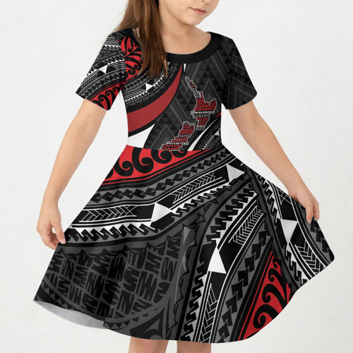 Aotearoa New Zealand Native Birds Map Kid Short Sleeve Dress Silver Fern Tribal Pattern