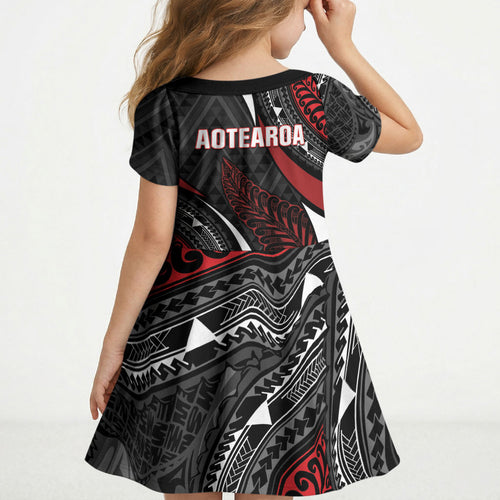 Aotearoa New Zealand Native Birds Map Kid Short Sleeve Dress Silver Fern Tribal Pattern