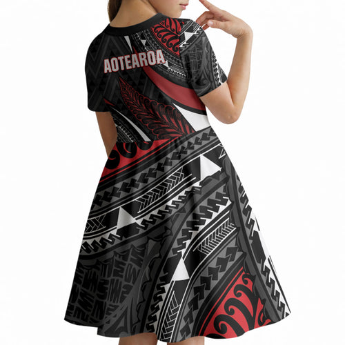 Aotearoa New Zealand Native Birds Map Kid Short Sleeve Dress Silver Fern Tribal Pattern