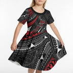 Aotearoa New Zealand Native Birds Map Kid Short Sleeve Dress Silver Fern Tribal Pattern