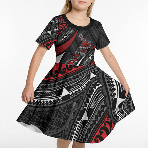 Aotearoa New Zealand Native Birds Map Kid Short Sleeve Dress Silver Fern Tribal Pattern