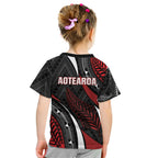 Aotearoa New Zealand Native Birds Map Kid T Shirt Silver Fern Tribal Pattern