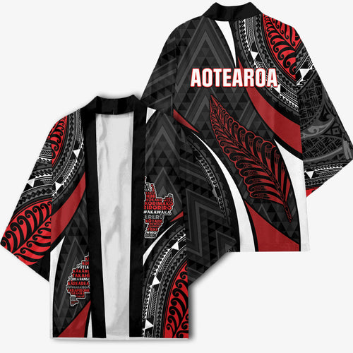 Aotearoa New Zealand Native Birds Map Kimono Silver Fern Tribal Pattern