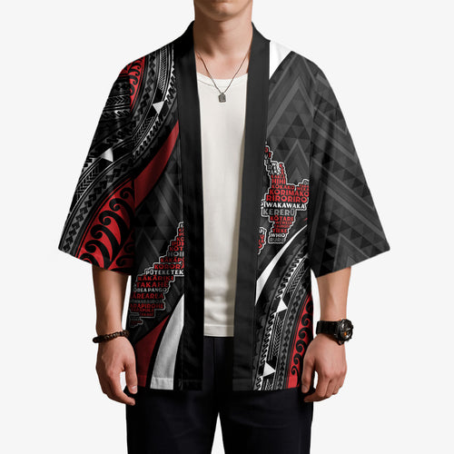 Aotearoa New Zealand Native Birds Map Kimono Silver Fern Tribal Pattern