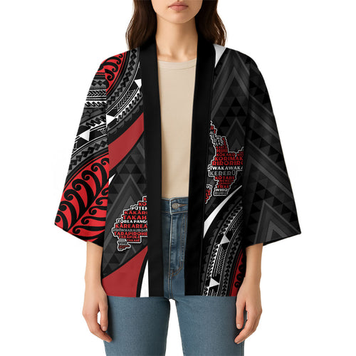Aotearoa New Zealand Native Birds Map Kimono Silver Fern Tribal Pattern