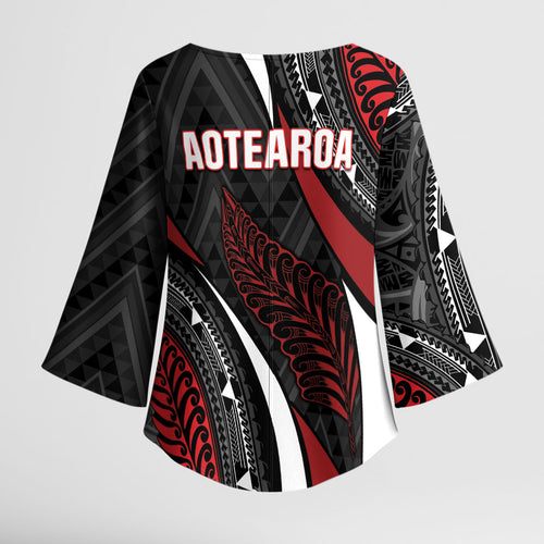 Aotearoa New Zealand Native Birds Map Kimono Sleeve Blouse Silver Fern Tribal Pattern