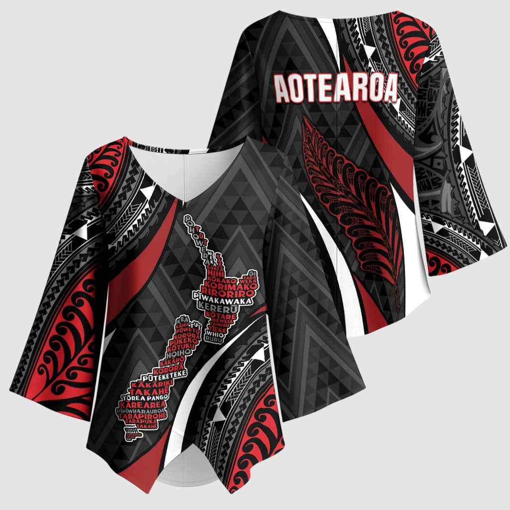 Aotearoa New Zealand Native Birds Map Kimono Sleeve Blouse Silver Fern Tribal Pattern