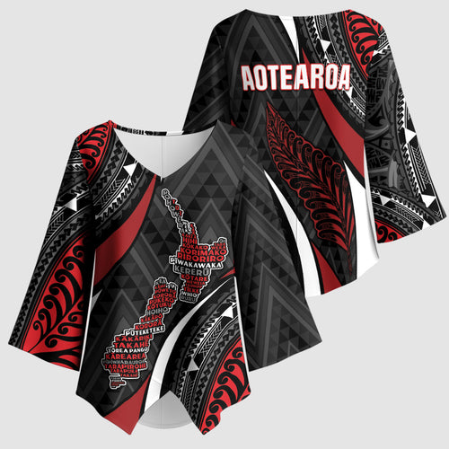 Aotearoa New Zealand Native Birds Map Kimono Sleeve Blouse Silver Fern Tribal Pattern