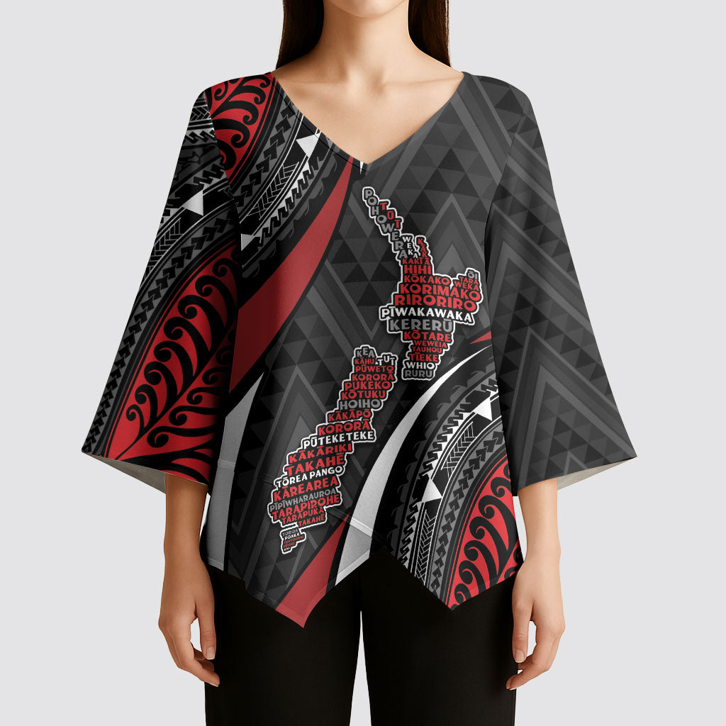 Aotearoa New Zealand Native Birds Map Kimono Sleeve Blouse Silver Fern Tribal Pattern