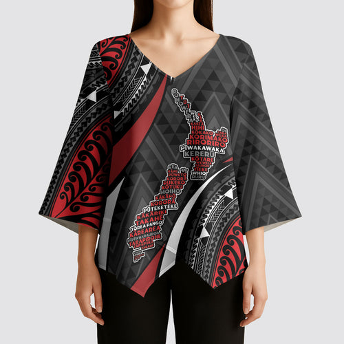 Aotearoa New Zealand Native Birds Map Kimono Sleeve Blouse Silver Fern Tribal Pattern