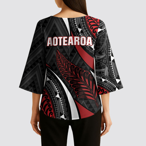 Aotearoa New Zealand Native Birds Map Kimono Sleeve Blouse Silver Fern Tribal Pattern