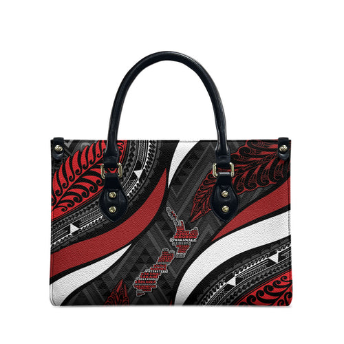 Aotearoa New Zealand Native Birds Map Leather Bag Silver Fern Tribal Pattern