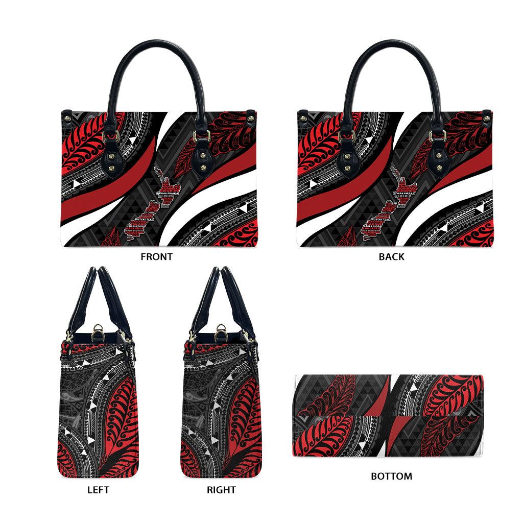 Aotearoa New Zealand Native Birds Map Leather Bag Silver Fern Tribal Pattern