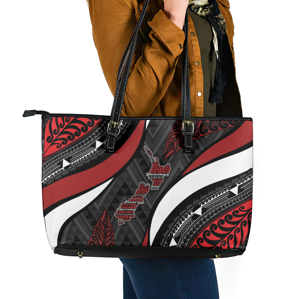 Aotearoa New Zealand Native Birds Map Leather Tote Bag Silver Fern Tribal Pattern