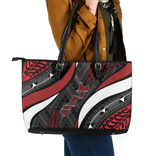 Aotearoa New Zealand Native Birds Map Leather Tote Bag Silver Fern Tribal Pattern