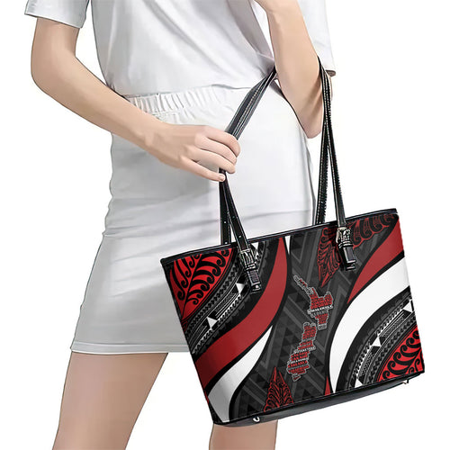 Aotearoa New Zealand Native Birds Map Leather Tote Bag Silver Fern Tribal Pattern
