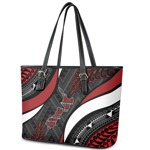 Aotearoa New Zealand Native Birds Map Leather Tote Bag Silver Fern Tribal Pattern