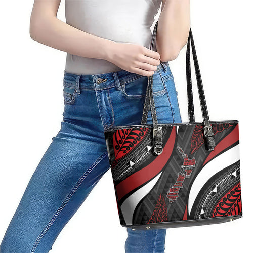 Aotearoa New Zealand Native Birds Map Leather Tote Bag Silver Fern Tribal Pattern