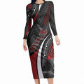 Aotearoa New Zealand Native Birds Map Long Sleeve Bodycon Dress Silver Fern Tribal Pattern