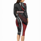 Aotearoa New Zealand Native Birds Map Long Sleeve Bodycon Dress Silver Fern Tribal Pattern