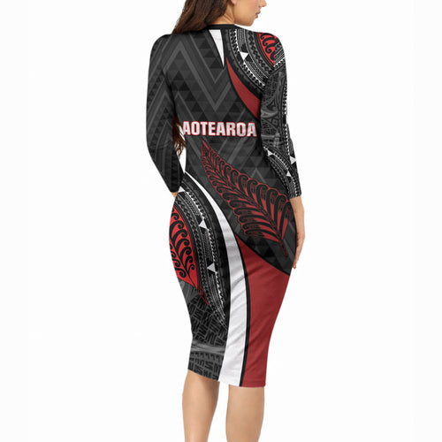 Aotearoa New Zealand Native Birds Map Long Sleeve Bodycon Dress Silver Fern Tribal Pattern