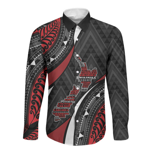 Aotearoa New Zealand Native Birds Map Long Sleeve Button Shirt Silver Fern Tribal Pattern