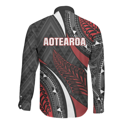 Aotearoa New Zealand Native Birds Map Long Sleeve Button Shirt Silver Fern Tribal Pattern