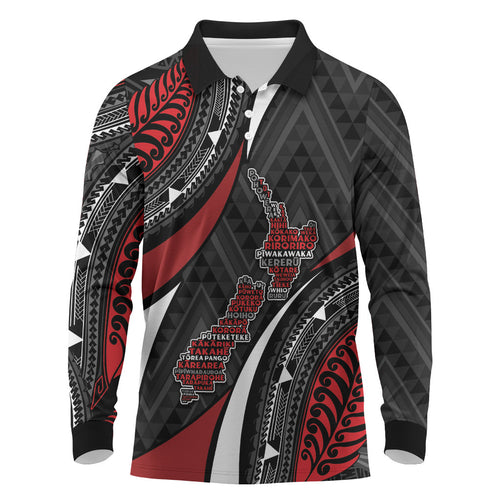 Aotearoa New Zealand Native Birds Map Long Sleeve Polo Shirt Silver Fern Tribal Pattern