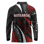 Aotearoa New Zealand Native Birds Map Long Sleeve Polo Shirt Silver Fern Tribal Pattern