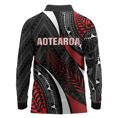Aotearoa New Zealand Native Birds Map Long Sleeve Polo Shirt Silver Fern Tribal Pattern