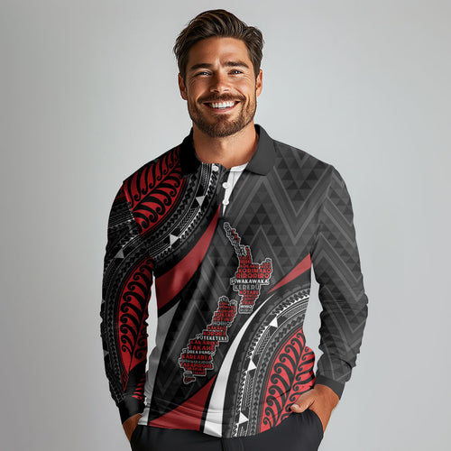 Aotearoa New Zealand Native Birds Map Long Sleeve Polo Shirt Silver Fern Tribal Pattern
