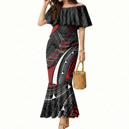 Aotearoa New Zealand Native Birds Map Mermaid Dress Silver Fern Tribal Pattern