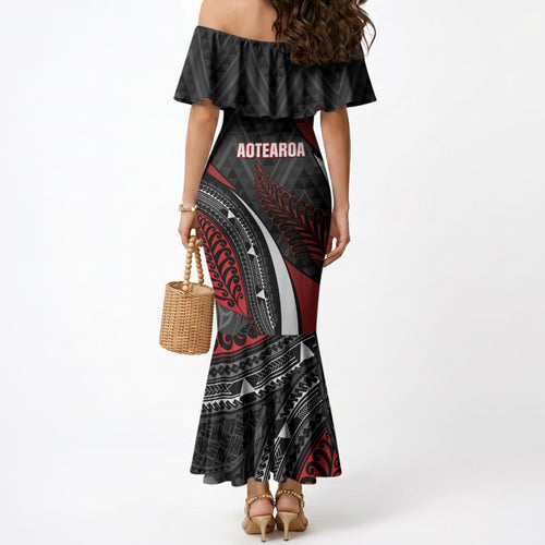 Aotearoa New Zealand Native Birds Map Mermaid Dress Silver Fern Tribal Pattern