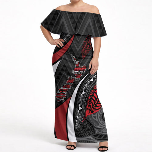 Aotearoa New Zealand Native Birds Map Off Shoulder Maxi Dress Silver Fern Tribal Pattern