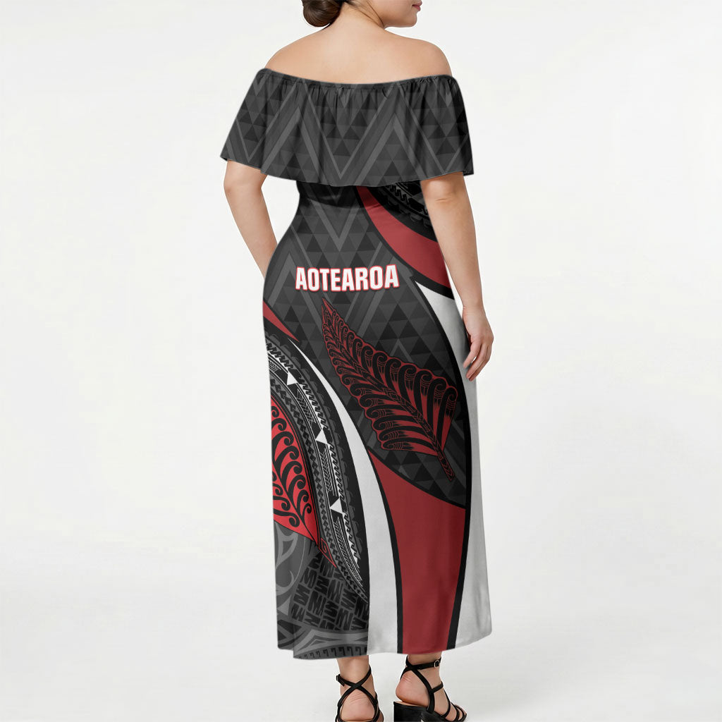 Aotearoa New Zealand Native Birds Map Off Shoulder Maxi Dress Silver Fern Tribal Pattern