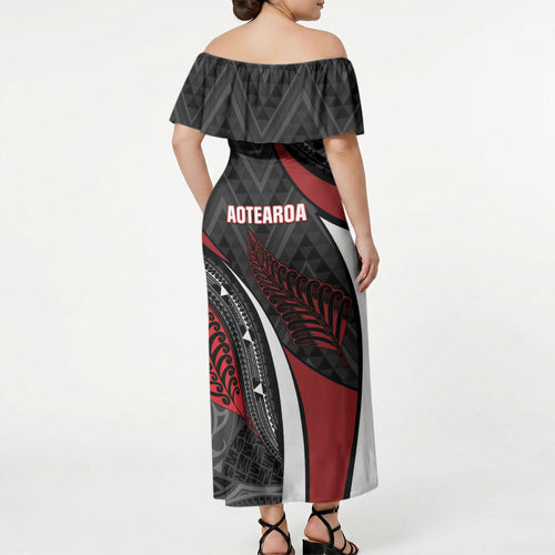 Aotearoa New Zealand Native Birds Map Off Shoulder Maxi Dress Silver Fern Tribal Pattern