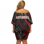 Aotearoa New Zealand Native Birds Map Off Shoulder Short Dress Silver Fern Tribal Pattern