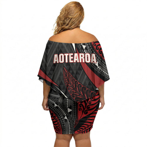 Aotearoa New Zealand Native Birds Map Off Shoulder Short Dress Silver Fern Tribal Pattern