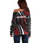 Aotearoa New Zealand Native Birds Map Off Shoulder Sweater Silver Fern Tribal Pattern