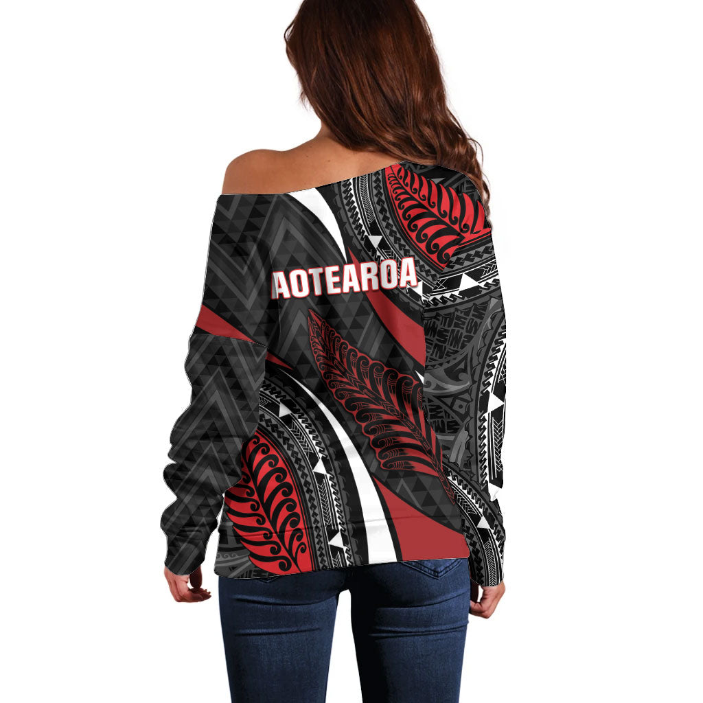 Aotearoa New Zealand Native Birds Map Off Shoulder Sweater Silver Fern Tribal Pattern